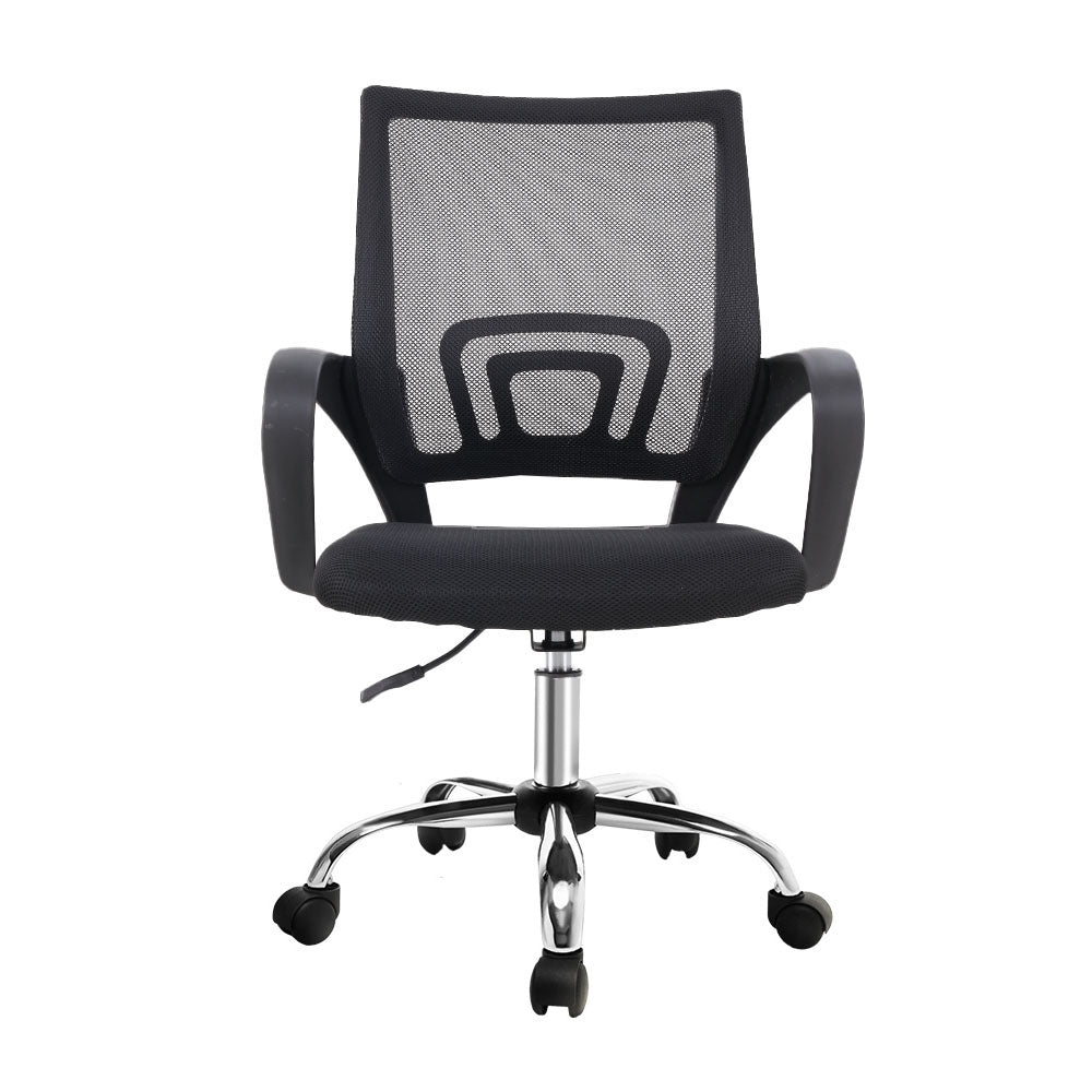 Black mesh office chair with adjustable height, armrests, and rolling casters for ergonomic desk use