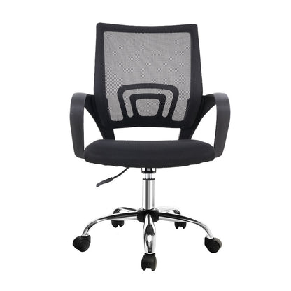 Black mesh office chair with adjustable height, armrests, and rolling casters for ergonomic desk use