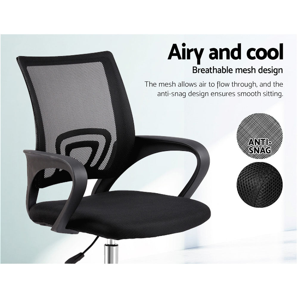 Black mesh office chair with breathable back, anti-snag design, and ergonomic armrests for cool, comfortable seating.