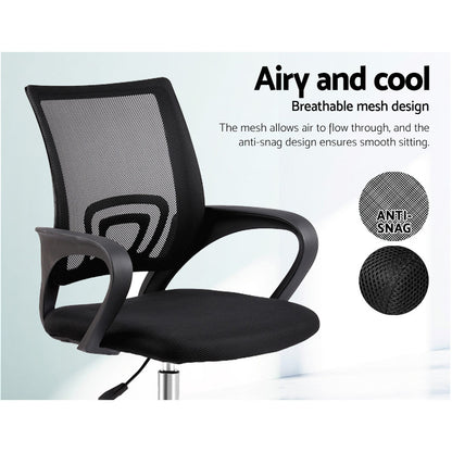 Black mesh office chair with breathable back, anti-snag design, and ergonomic armrests for cool, comfortable seating.