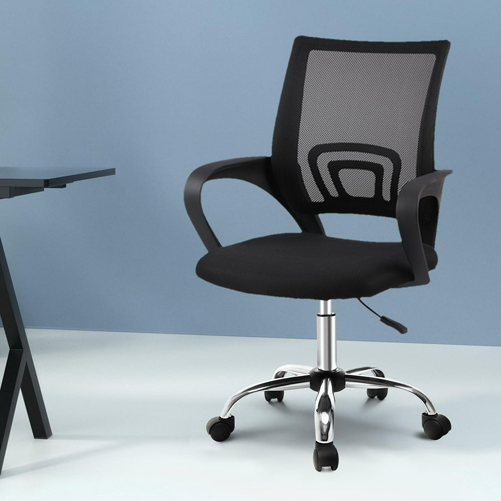 Black mesh office chair with armrests and wheels, ideal for ergonomic workspace setup