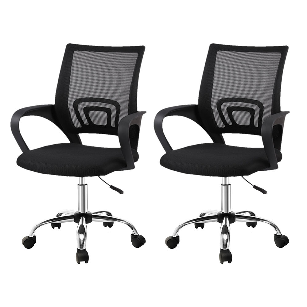 Black mesh office chairs with armrests and rolling casters, ergonomic design for desk use