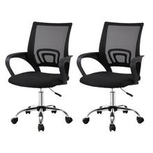Black mesh office chairs with armrests and rolling casters, ergonomic design for desk use