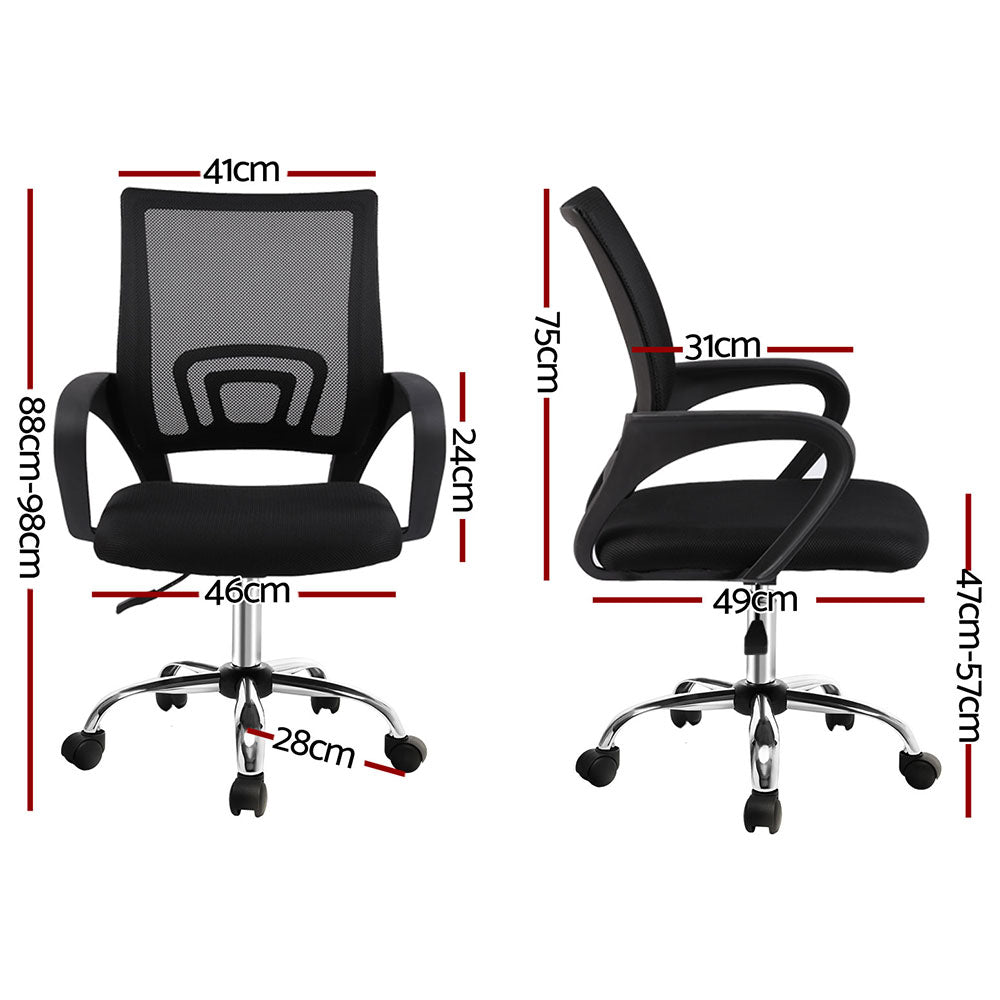 Black mesh office chair with dimensions, ergonomic design, adjustable height, and rolling casters for desk use