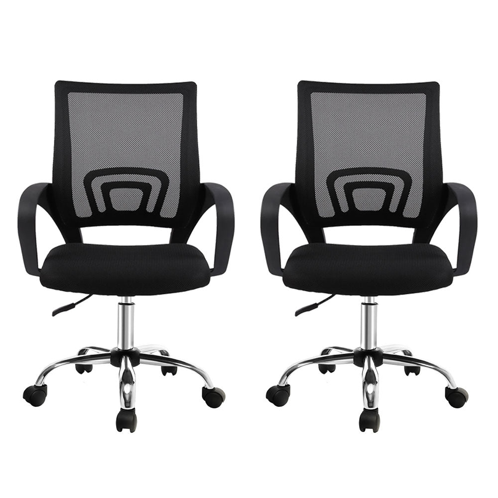 Black mesh office chairs with armrests, swivel base, and casters for ergonomic desk seating