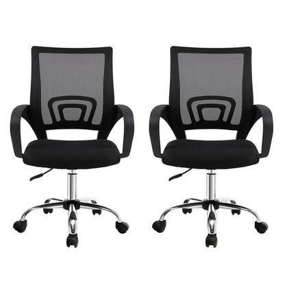Black mesh office chairs with armrests, swivel base, and casters for ergonomic desk seating
