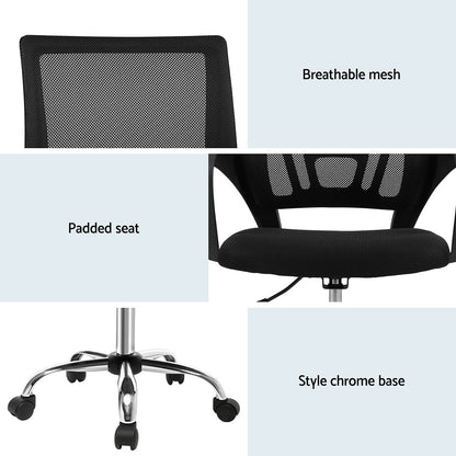 Black mesh office chair with padded seat, breathable back, and chrome base with casters