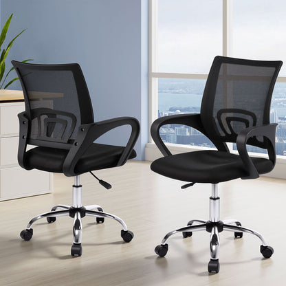 Black mesh office chairs with rolling casters, ergonomic design for home or workspace comfort