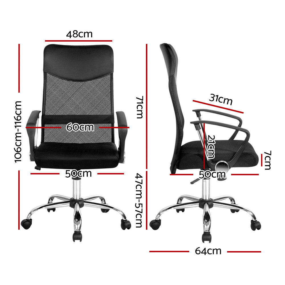 Black mesh office chair with chrome base, adjustable height 106-116cm, 50cm seat width, ergonomic design