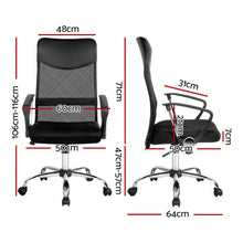 Black mesh office chair with chrome base, adjustable height 106-116cm, 50cm seat width, ergonomic design