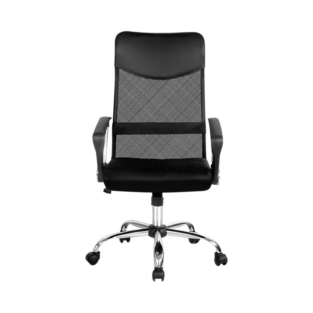 Black mesh office chair with chrome base and wheels for ergonomic desk seating