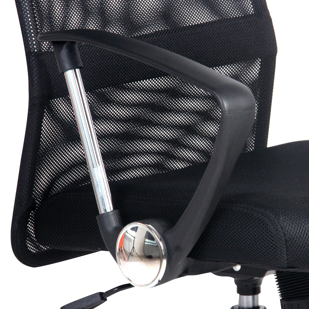 Black mesh office chair with adjustable armrests and chrome accents for ergonomic comfort
