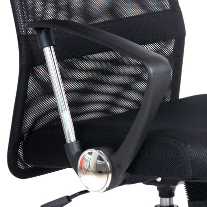 Black mesh office chair with adjustable armrests and chrome accents for ergonomic comfort