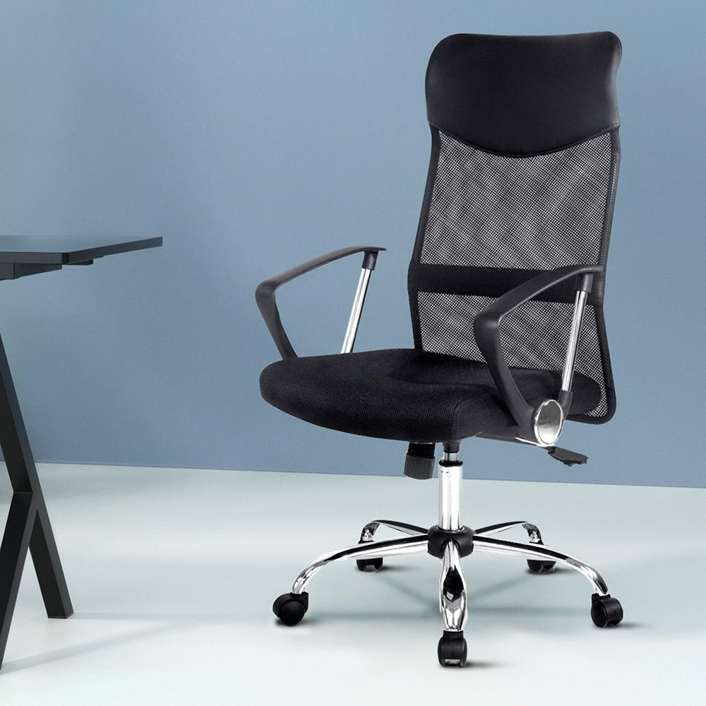 Black mesh office chair with armrests and wheels for ergonomic workspace comfort