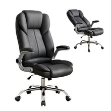Black leather office chair with high back, padded armrests, and chrome base for ergonomic comfort