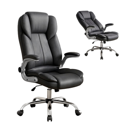 Black leather office chair with high back, padded armrests, and chrome base for ergonomic comfort