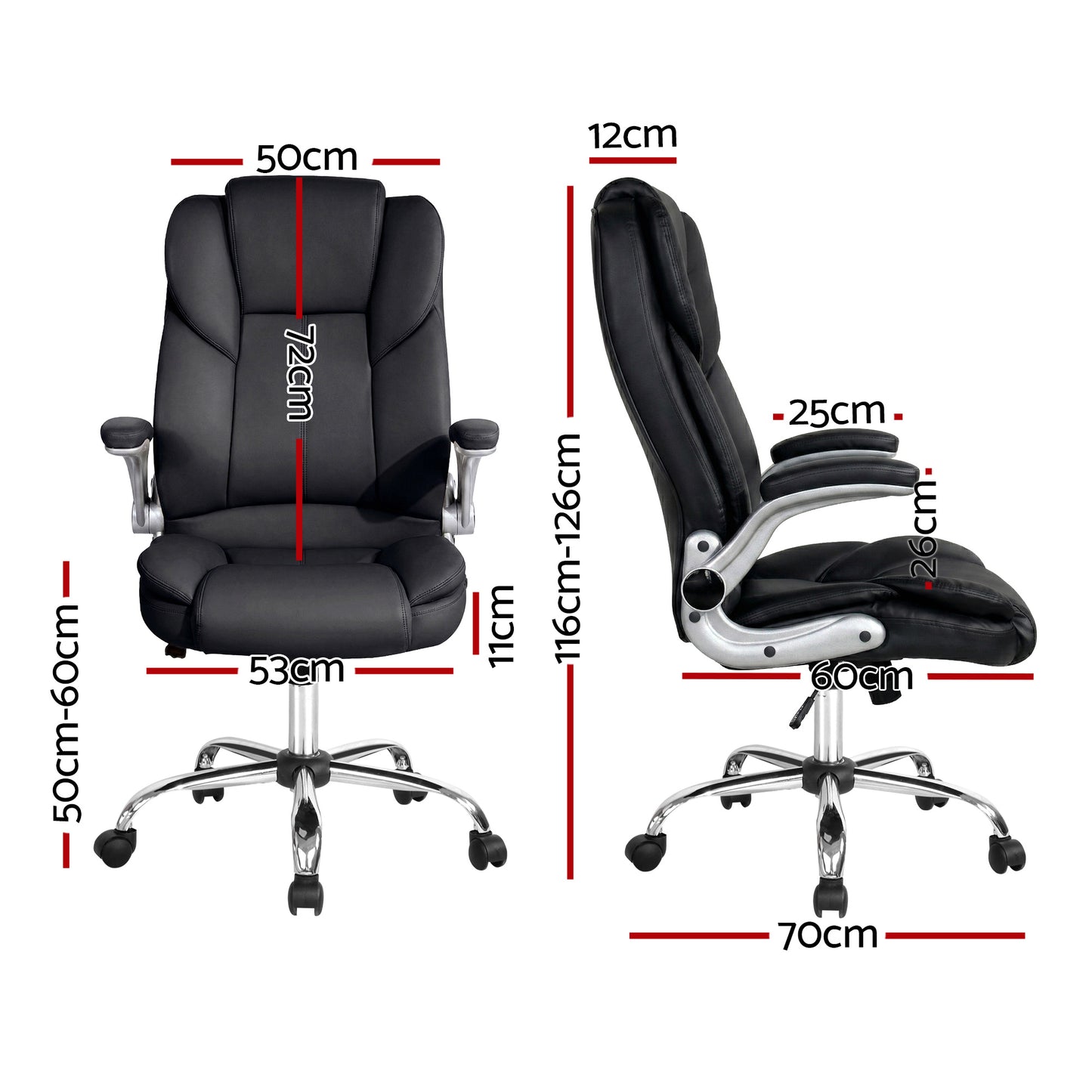 Black leather office chair with adjustable height, chrome base, and armrests, dimensions shown for ergonomic fit.