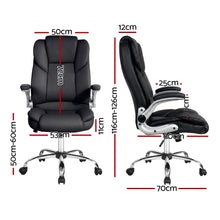 Black leather office chair with adjustable height, chrome base, and armrests, dimensions shown for ergonomic fit.