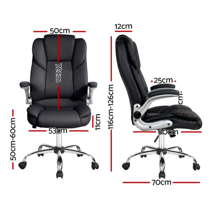 Black leather office chair with adjustable height, chrome base, and armrests, dimensions shown for ergonomic fit.