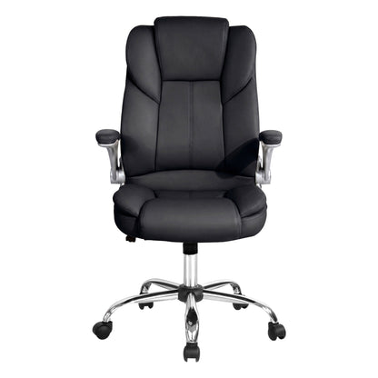 Black leather office chair with chrome base and wheels, ergonomic design for desk use