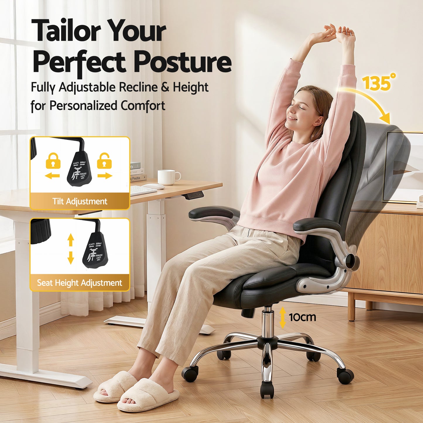 Adjustable office chair with 135° recline, tilt & height adjustment for ergonomic comfort at desk
