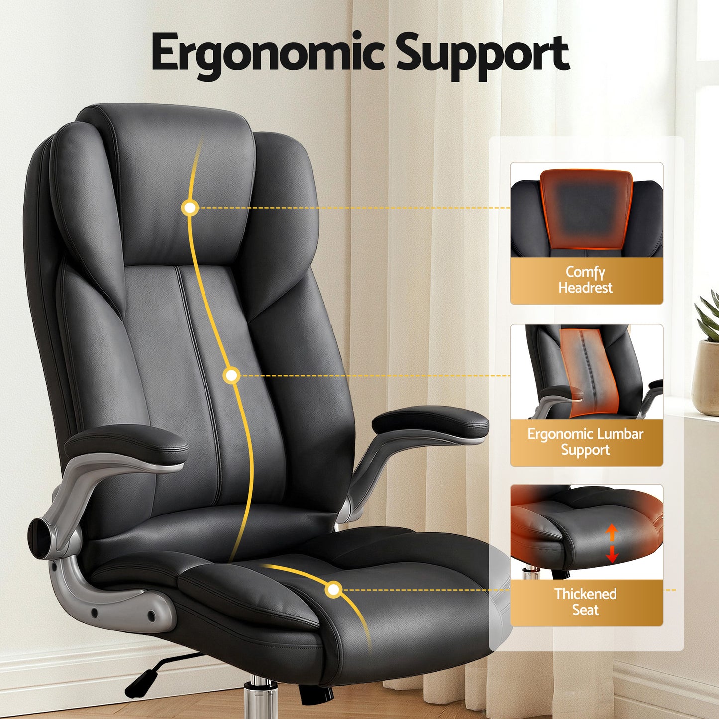 Ergonomic office chair with lumbar support, headrest, and thickened seat for comfort