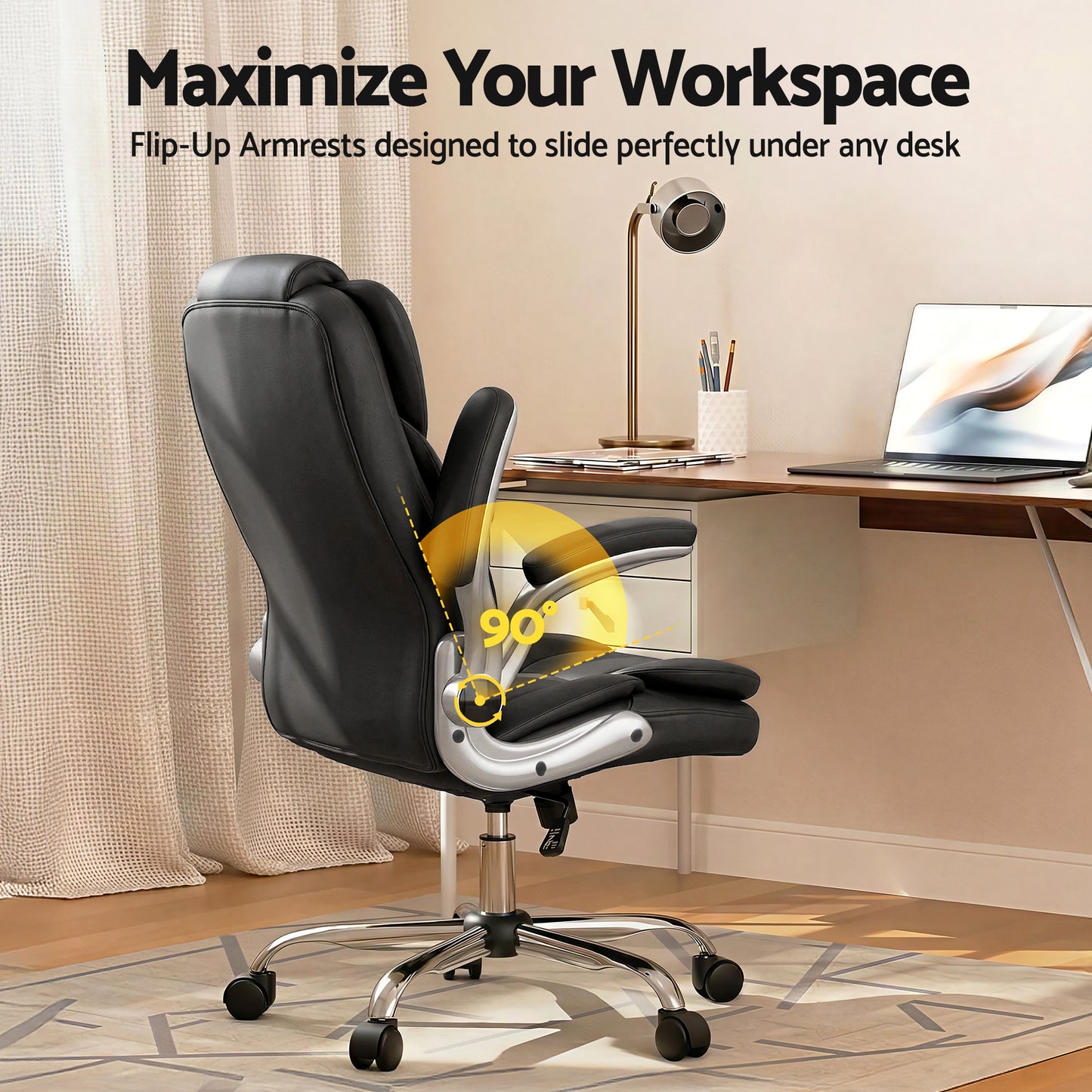 Black ergonomic office chair with flip-up armrests for under-desk storage, ideal for home workspace