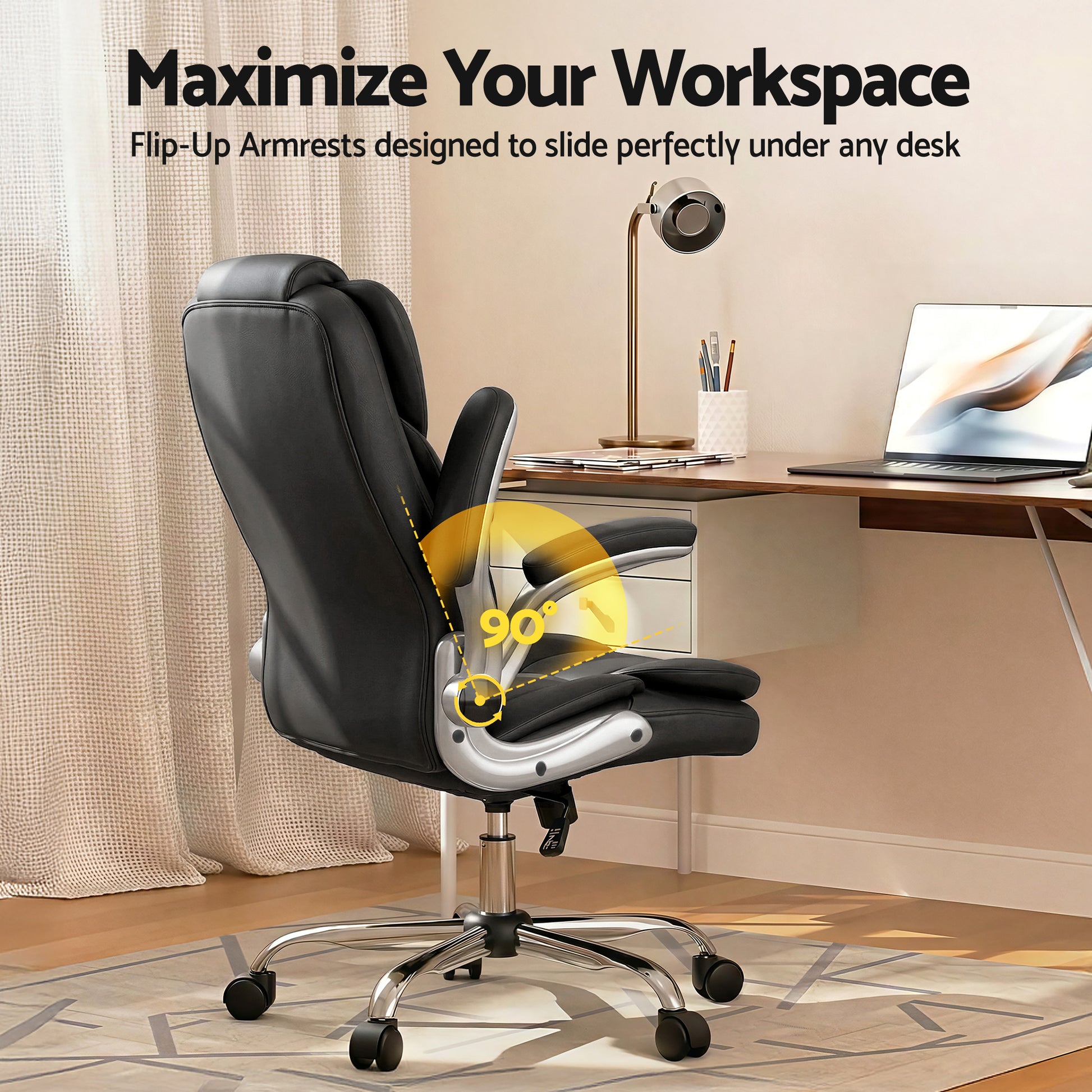 Black ergonomic office chair with flip-up armrests for under-desk storage, ideal for home workspace