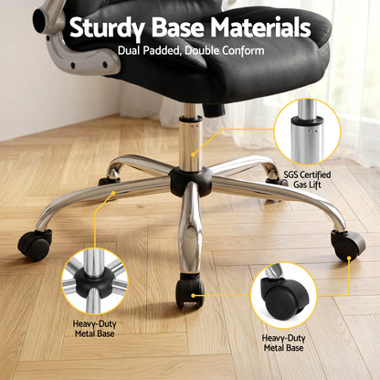Sturdy office chair with heavy-duty metal base, SGS certified gas lift, and dual padded seat on hardwood floor