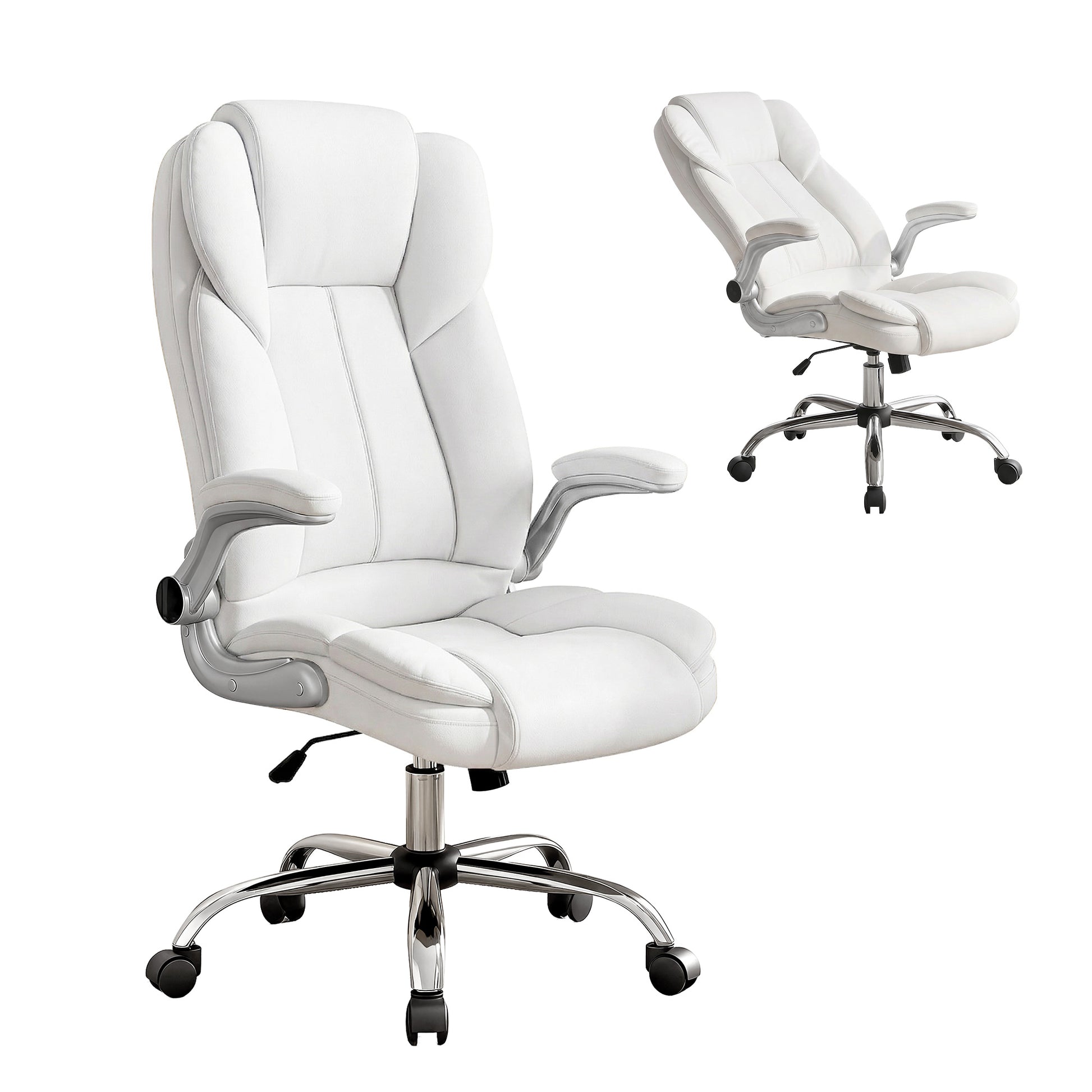 White leather office chair with adjustable arms, chrome base, and rolling casters for ergonomic desk seating