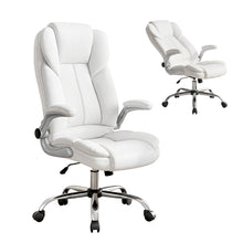 White leather office chair with adjustable arms, chrome base, and rolling casters for ergonomic desk seating