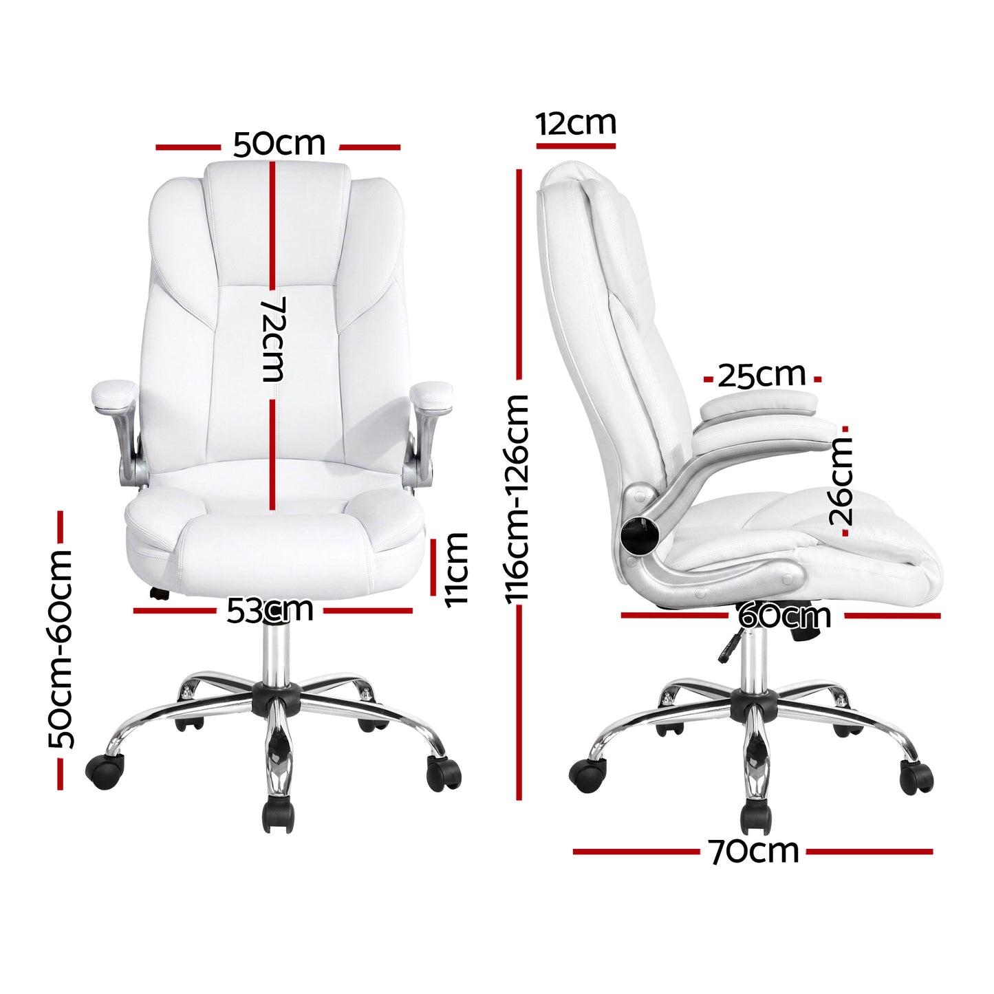 White ergonomic office chair with chrome base and detailed dimensions for home or workspace use.