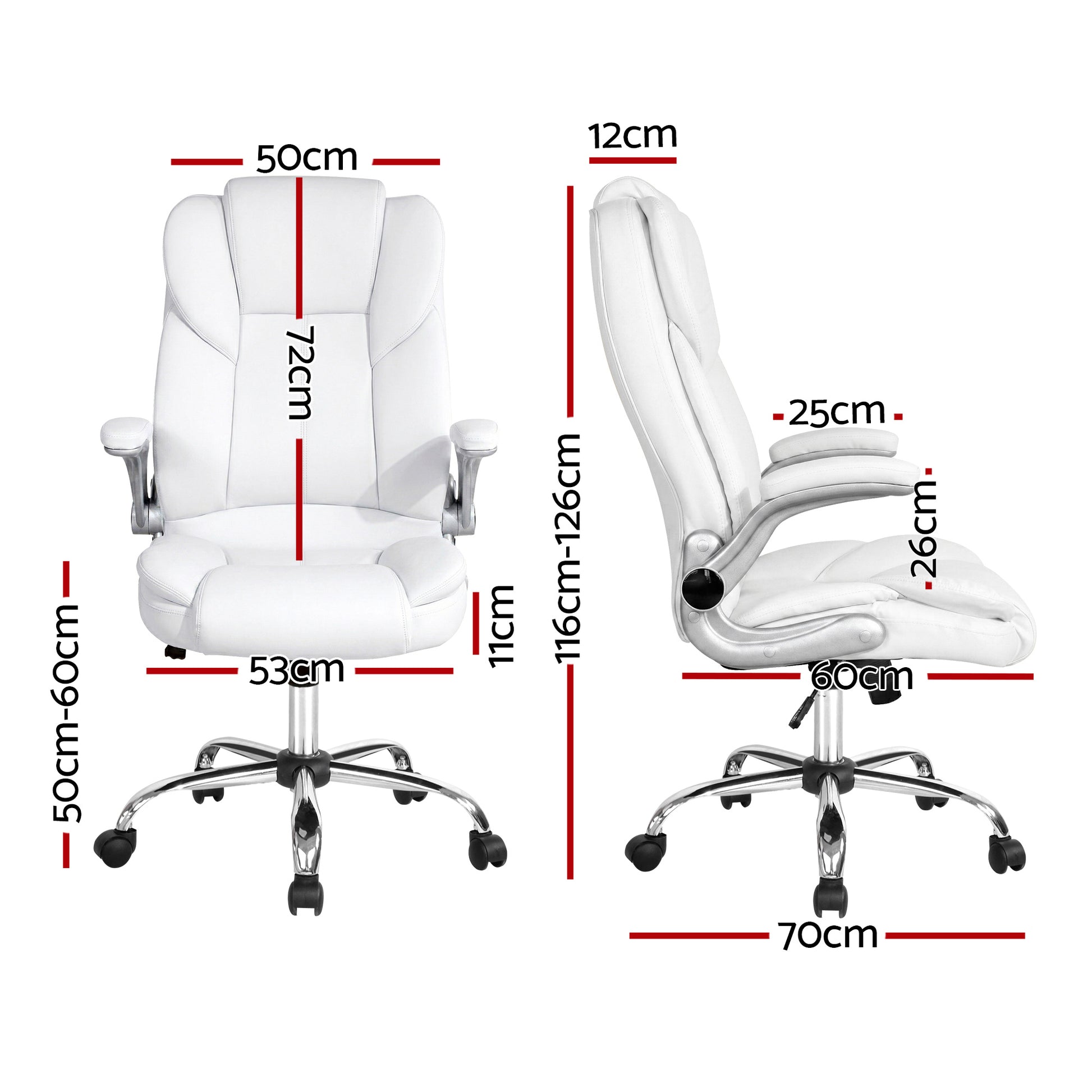 White ergonomic office chair with chrome base and detailed dimensions for home or workspace use.