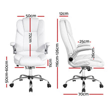 White ergonomic office chair with chrome base and detailed dimensions for home or workspace use.