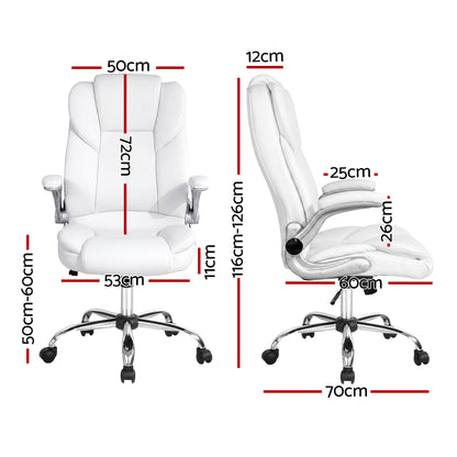 White ergonomic office chair with chrome base and detailed dimensions for home or workspace use.