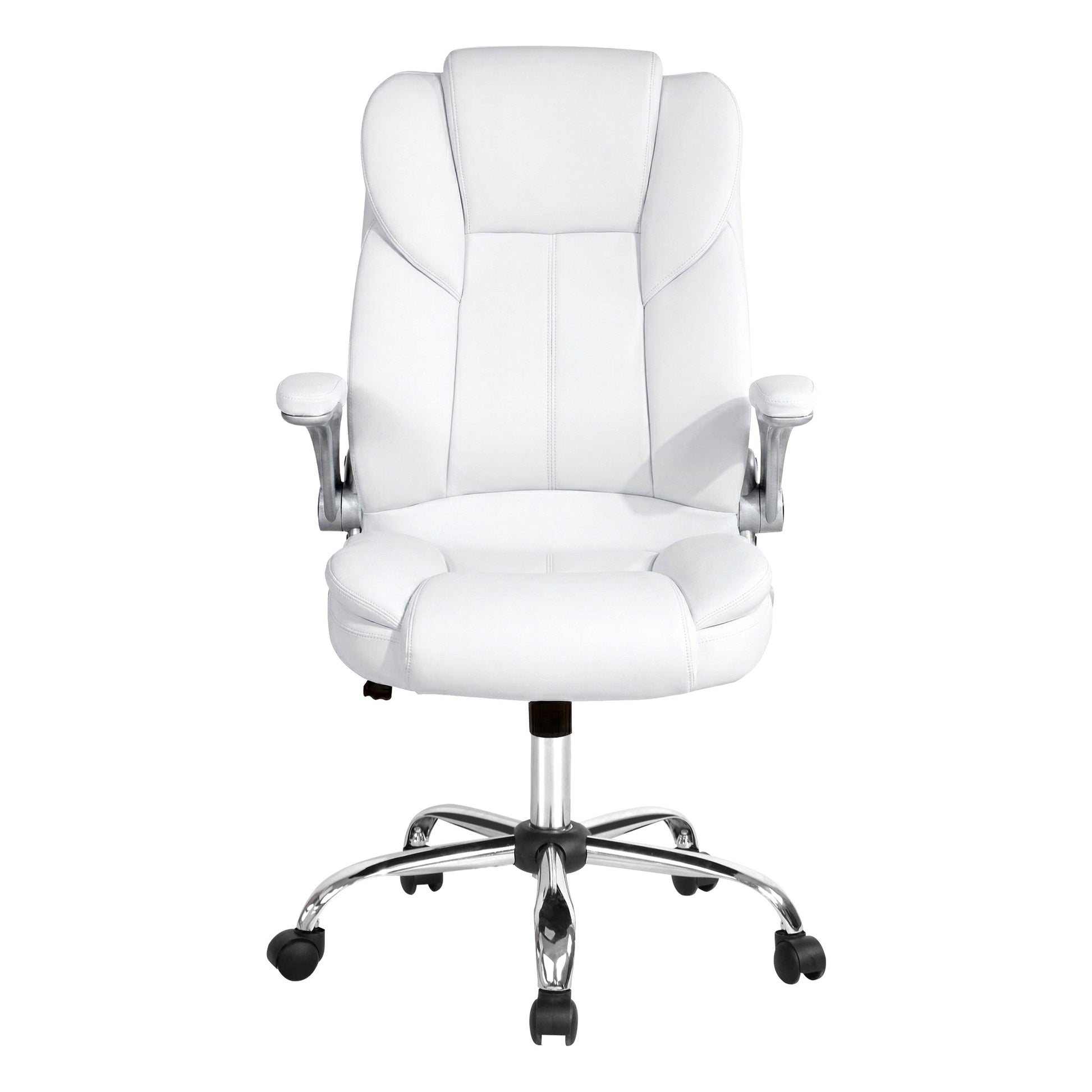 White leather office chair with chrome base and armrests