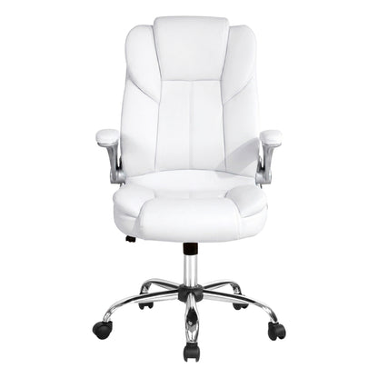 White leather office chair with chrome base and armrests