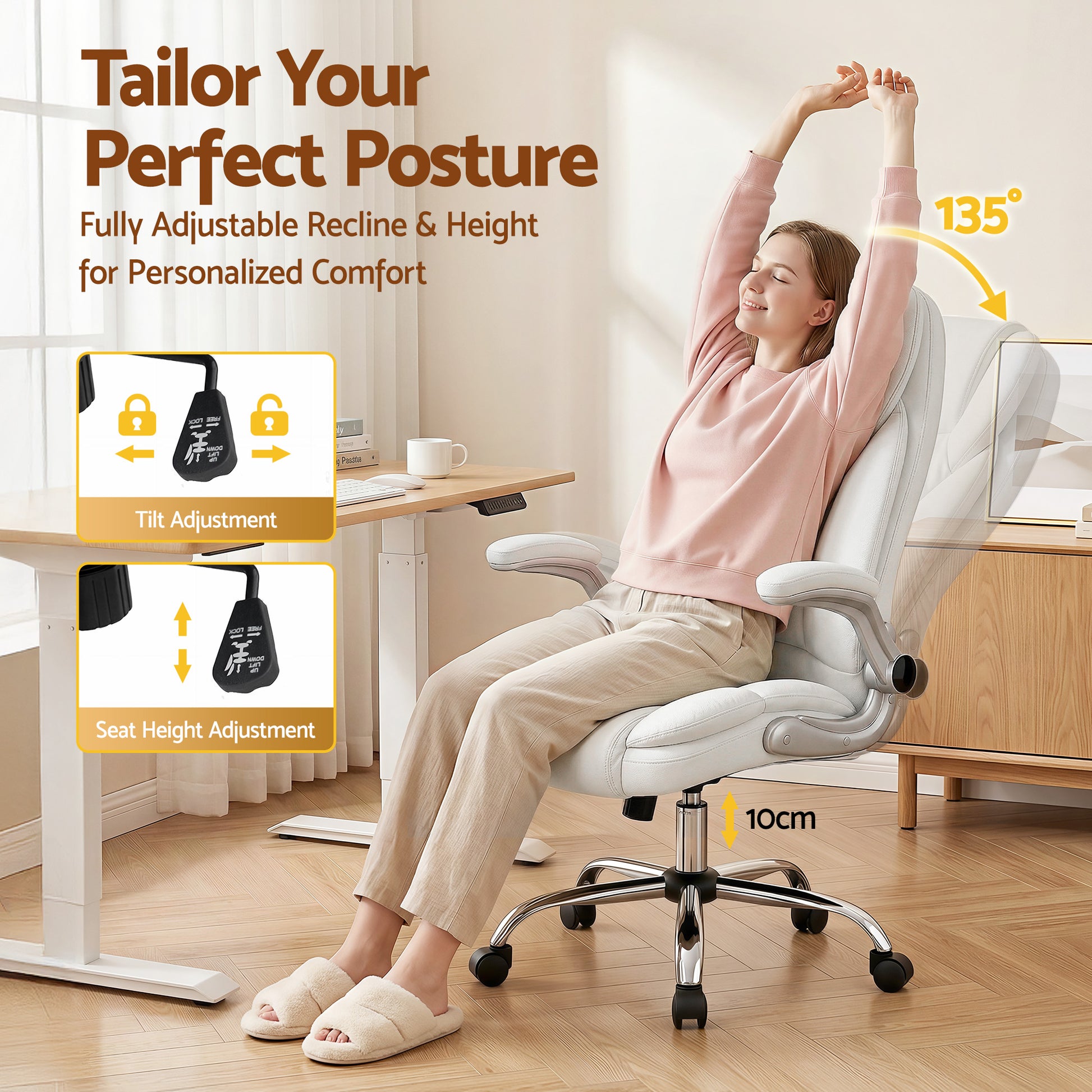 White ergonomic office chair with adjustable recline and height for comfort