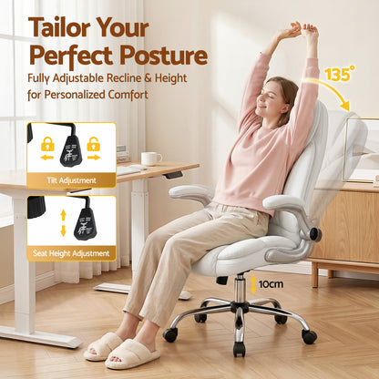 White ergonomic office chair with adjustable recline and height for comfort