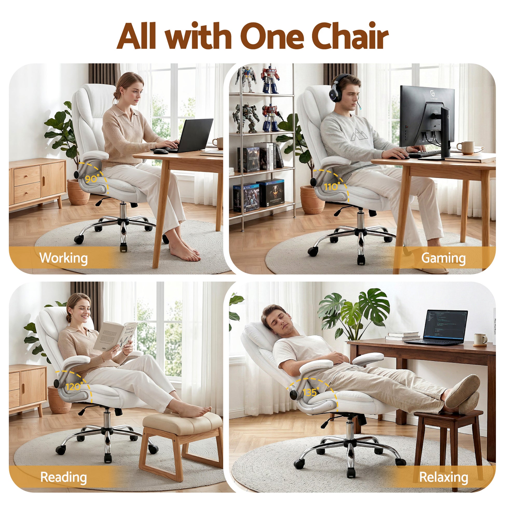 Versatile white office chair for working, gaming, reading, and relaxing with adjustable recline angles