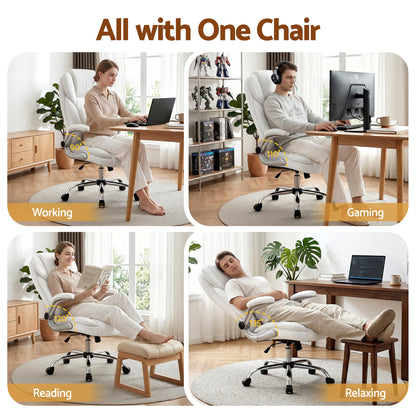 Versatile white office chair for working, gaming, reading, and relaxing with adjustable recline angles