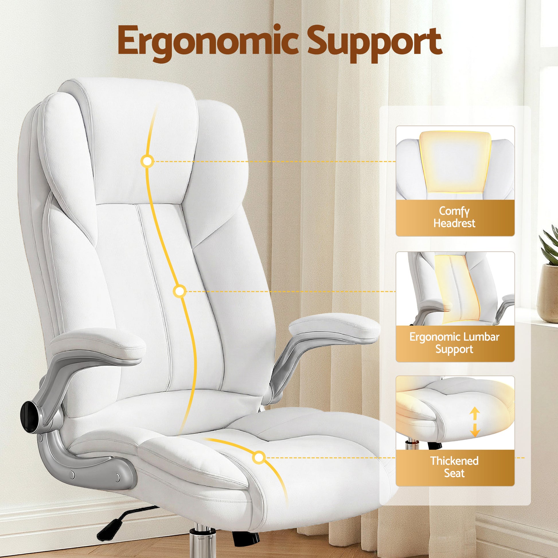 White ergonomic office chair with lumbar support, headrest, and thickened seat for comfort