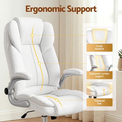 White ergonomic office chair with lumbar support, headrest, and thickened seat for comfort