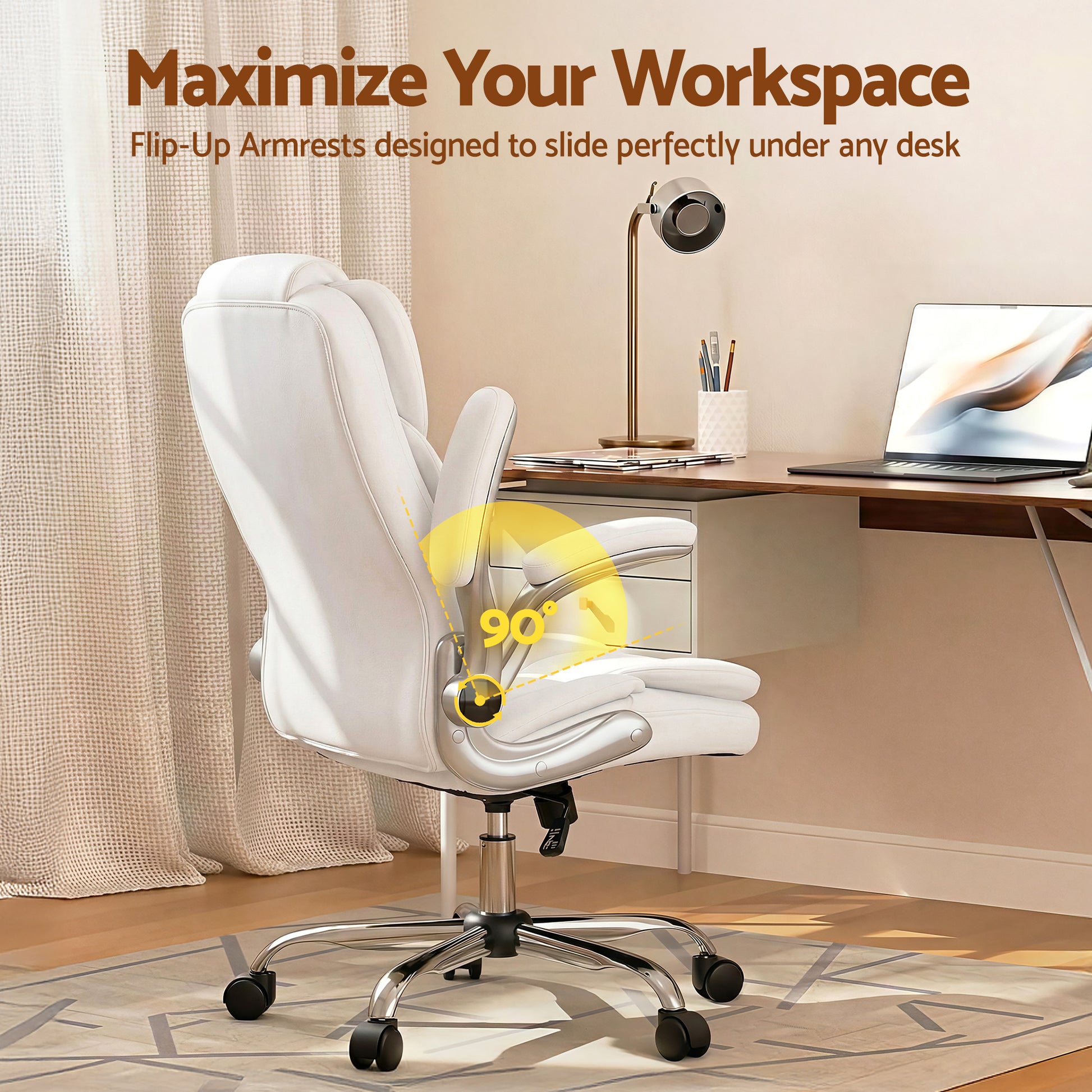 White ergonomic office chair with flip-up armrests for compact desk space, ideal for home workspace setup