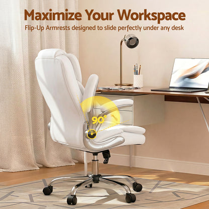 White ergonomic office chair with flip-up armrests for compact desk space, ideal for home workspace setup