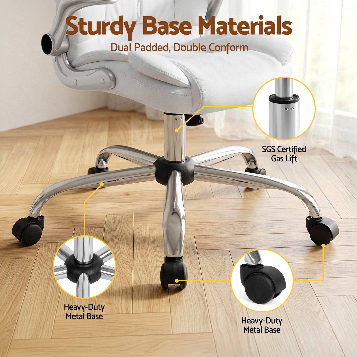 White office chair with heavy-duty metal base, SGS certified gas lift, and dual padded design on wood floor