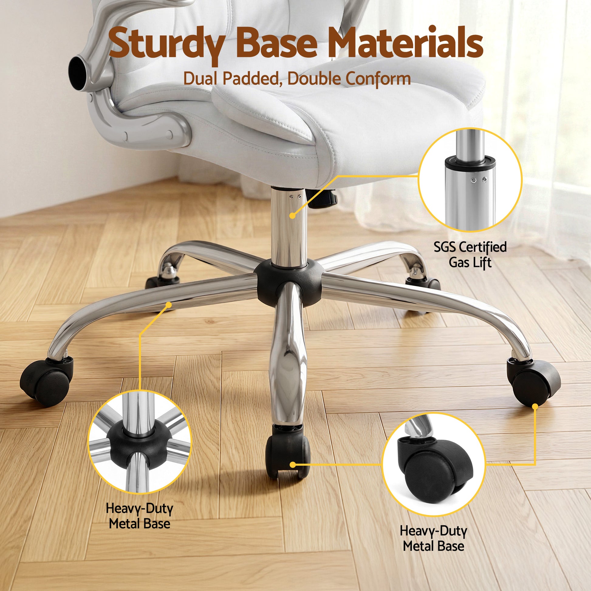 White office chair with heavy-duty metal base, SGS certified gas lift, and dual padded design on wood floor