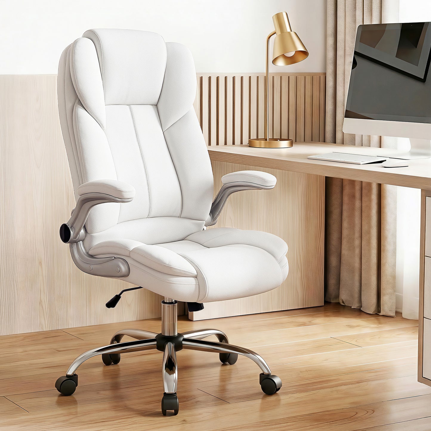 White ergonomic office chair with adjustable arms and wheels, perfect for home desk setup