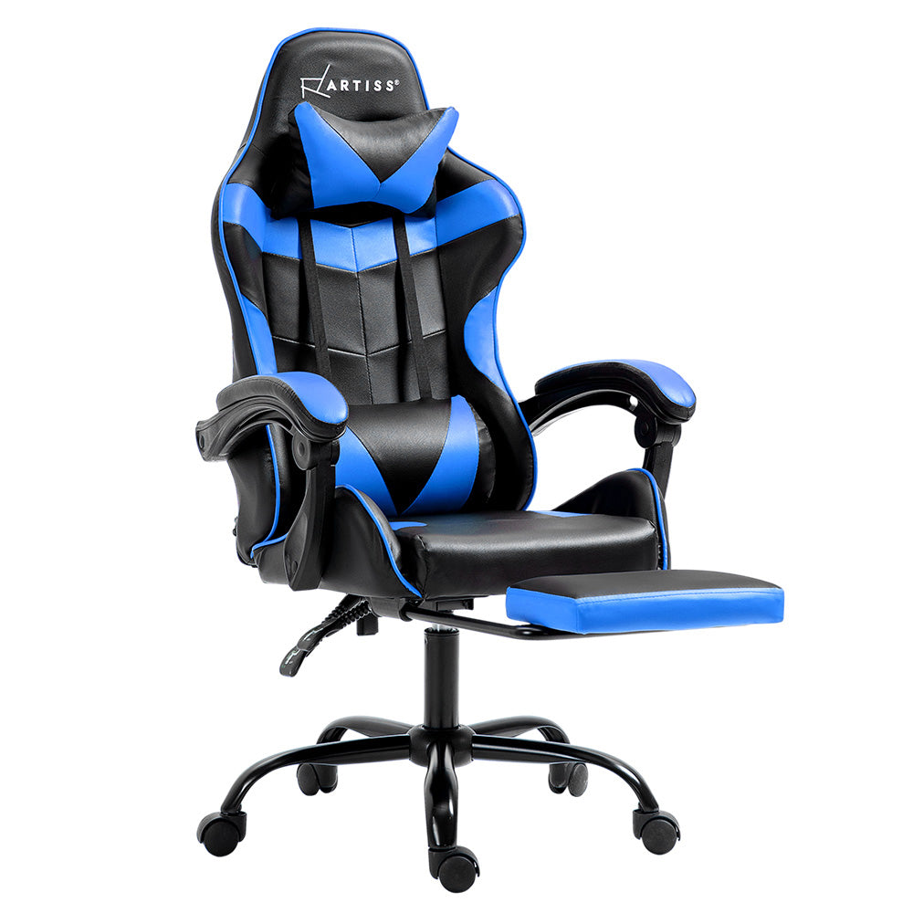 Blue and black gaming chair with footrest, ergonomic design, adjustable armrests, and rolling base