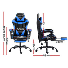 Blue and black gaming chair with dimensions, ergonomic design, adjustable height, and footrest for comfort.